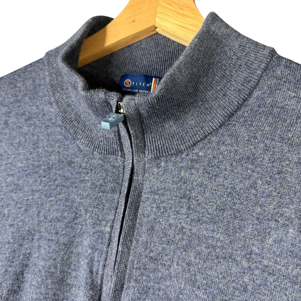 Stitch Golf Italian Luxe Merino Wool Quarter Zip Pullover Blue Heather Large